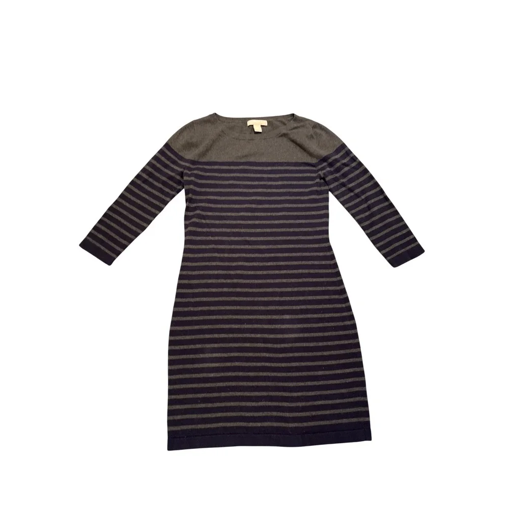 Banana Republic Sweater Dress Women's S Gray Blue Striped 3/4 Sleeve Cotton Knit - Picture 1 of 9